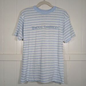 Vintage Royal Caribbean T Shirt Mens Medium Blue White Stripe Cotton Embroidered